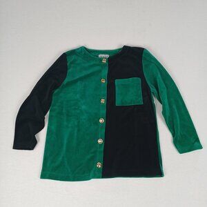 Vintage 90s Russ Petites Felted Green Black Color Block Gold Button Down Blouse